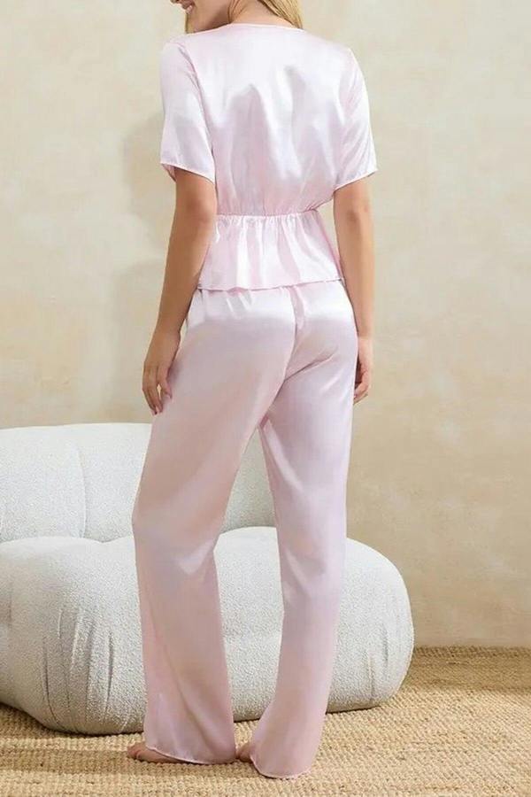 WOVCOR 2-Piece Gathered Tie Detail Satin Woven Pajama Set