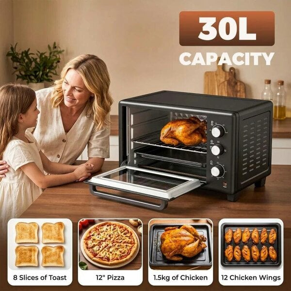 30 L Mini Oven, Countertop Electric Cooker & Grill for Roasting, Baking, Grilling with Adjustable Temperature, Black