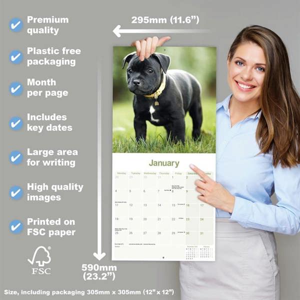 Staffordshire Bull Terrier Calendar 2027, Wall Calendars, Month To View, Dogs, Gift