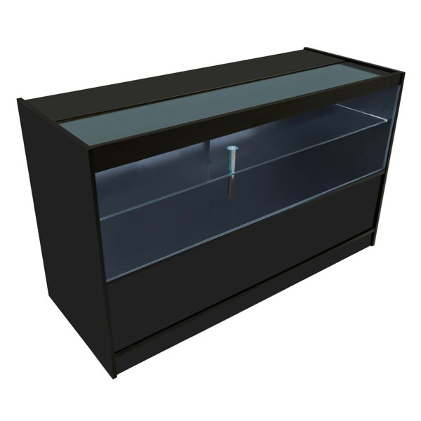 Hera LED Shop Counter Set in black features a sleek design with a glass top, illuminated display area, and smooth finish