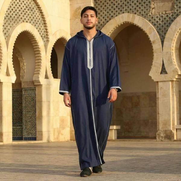 Men's Hooded Gandoura Embroidery Moroccan Thobe - Navy - Thobez - 9