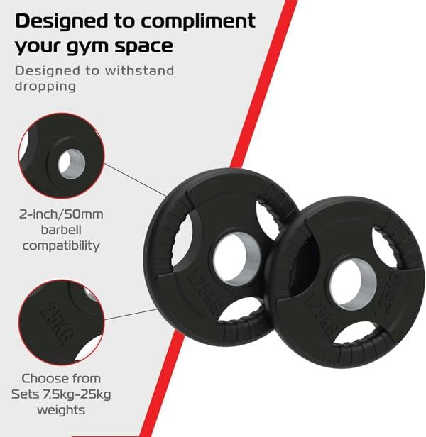 25kg Olympic tri-grip rubber weight plates in black, featuring a durable design, 2-inch center hole, and ergonomic grip for easy handling