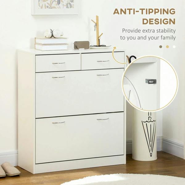 White shoe cabinet with anti-tipping hardware feature shown on side
