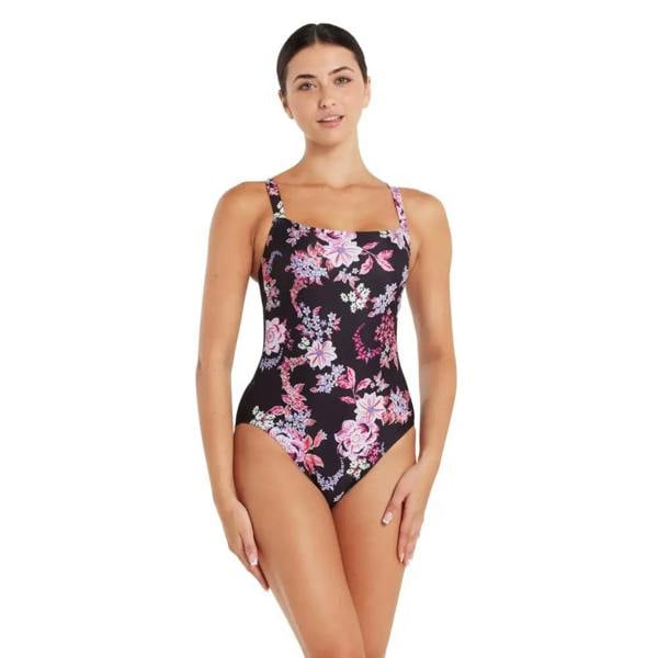 Zoggs Artisan Adjustable Classicback swimsuit in black with pink flowers