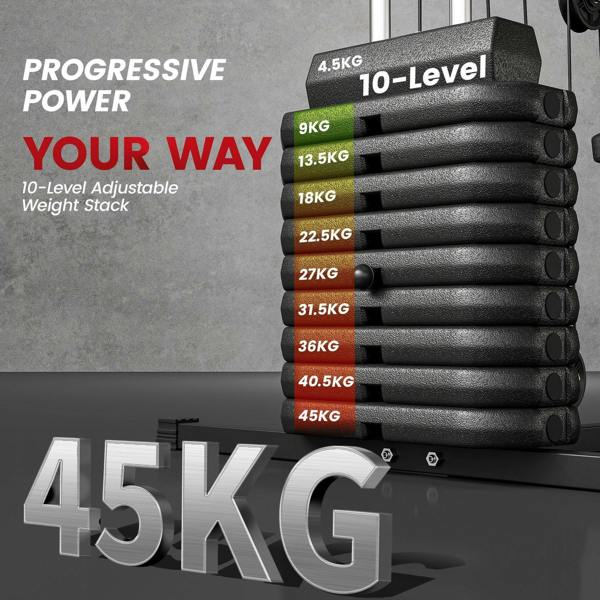 Black home gym machine with 45 kg adjustable weight stack in 10 levels