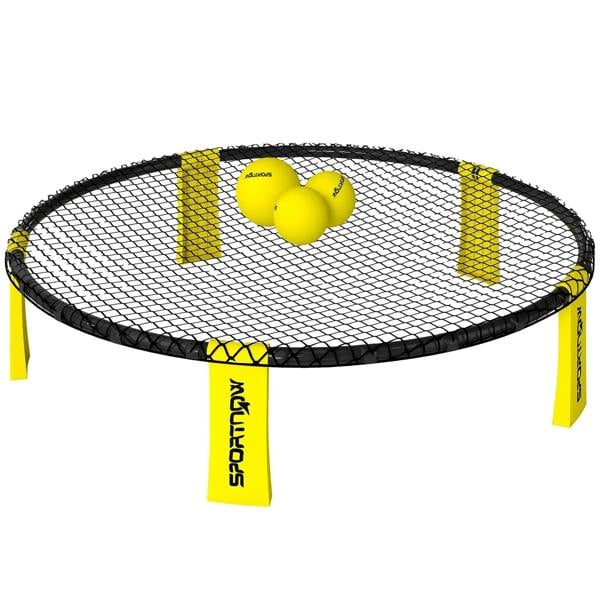 Mini beach game net set with yellow frame and mesh, plus two yellow balls