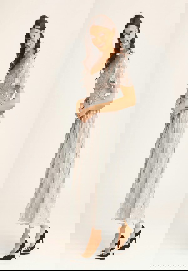 Gini London Silver Jacquard Metallic Angel Sleeves Midi Dress