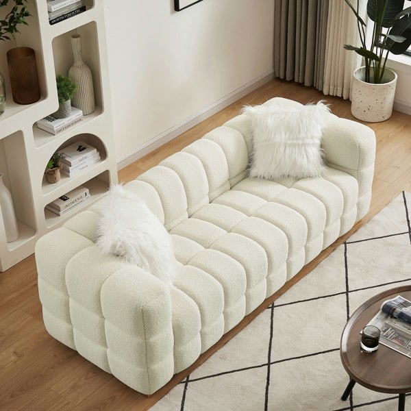 Furniture One Teddy Fleece 3 Seater Sofa - 210cm Loveseat Couch, Upholstered Padded Modern Leisure Sofa with 2 Pillows - White