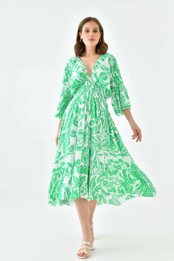Hoxton Gal Oversized Flutter Sleeves Shirred Waist V Neck Midi Dress with Floral Print in Green and White