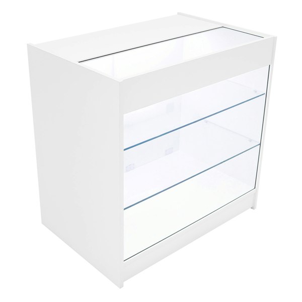 Triton LED Shop Counter Set in white, featuring a sleek design with glass shelves and a modern finish, ideal for retail displays