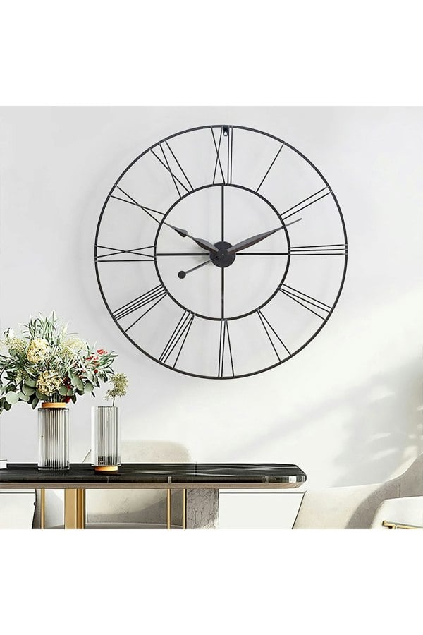 Living and Home 80cm Large Silent Non-Ticking Metal Skeleton Roman Numeral Wall Clock Iron Art Decor for Living Room, Bedroom & Office