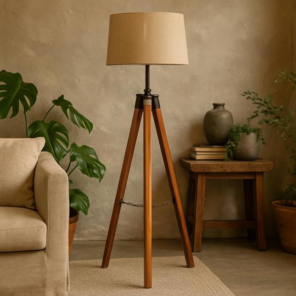 Wyld Haus Phuket Fixed Chrome and Teak Wood Tripod Floor Lamp