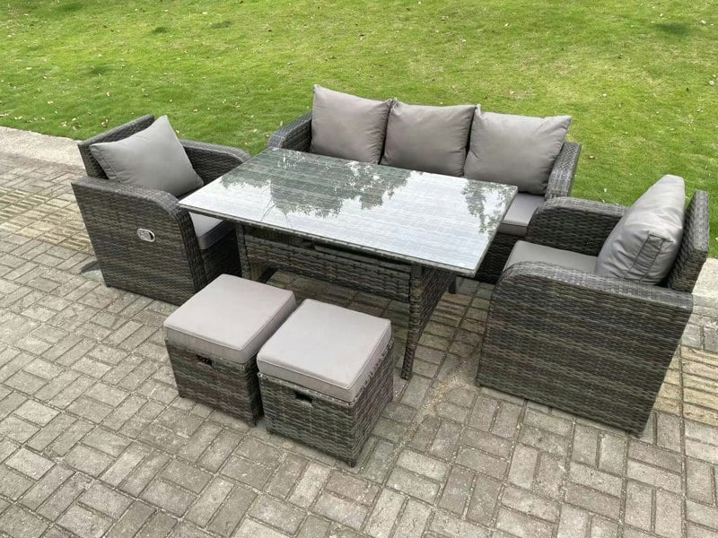 Fimous Dark Grey PE Wicker Rattan Garden Furniture Set 3 Seater Lounge Sofa Reclining Chair Outdoor Rectangular Dining Table With 2 Stools 7 Seater
