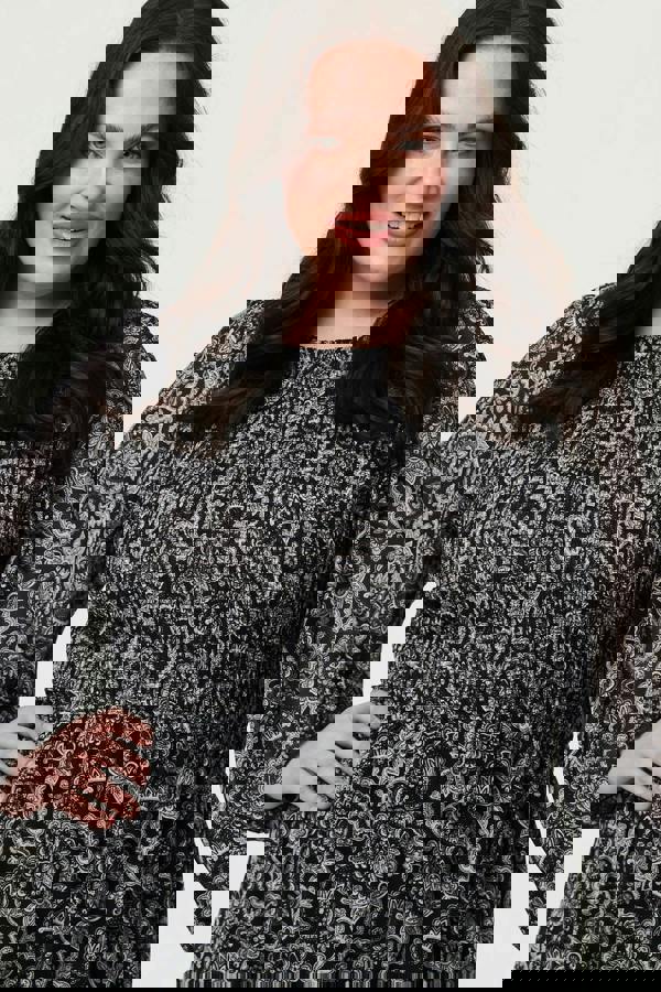 Black | Curve Paisley Long Puff Sleeve Midi Smock Dress