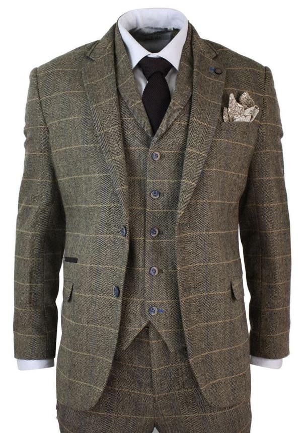 House of Cavani Mens 3 Piece Tan Brown Check Tweed Herringbone Vintage Classic Suit