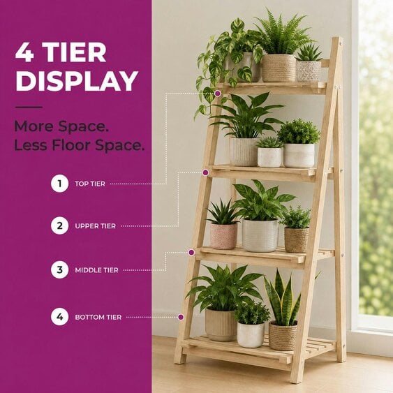 Neo Natural 4 Tier Wooden Foldable Plant Stand