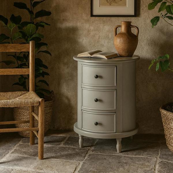 Wyld Haus Thuy Grey Wood Round 3 Drawer Console Table