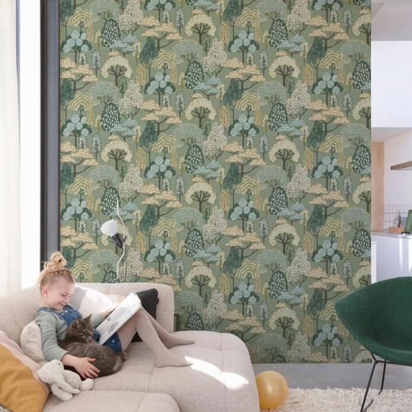 Grandeco Happy Trees Brushstroke Nursery Textured Wallpaper, Sage Green