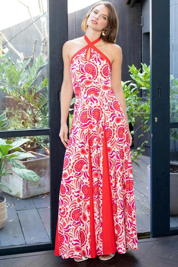 HotSquash Halter Neck Maxi Dress with Contrast Panels