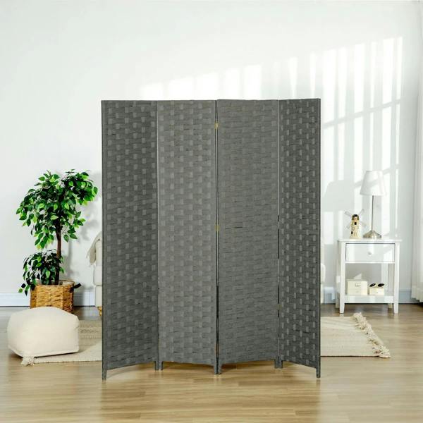Grey 4-panel freestanding privacy screen with woven texture panels