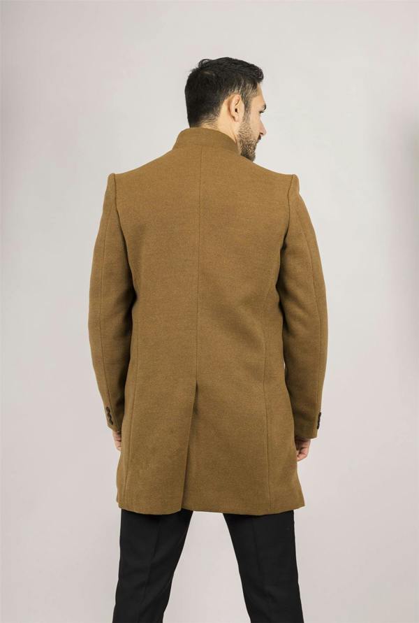 Infinity Leather Men's Tan Stand Collar Wool Blend Overcoat