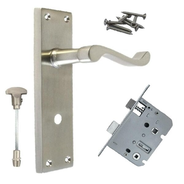 EDH Door Hardware Victorian Style Satin Bathroom Door Handle with Privacy Lock+Bathroom SASH Lock, 2 pairs