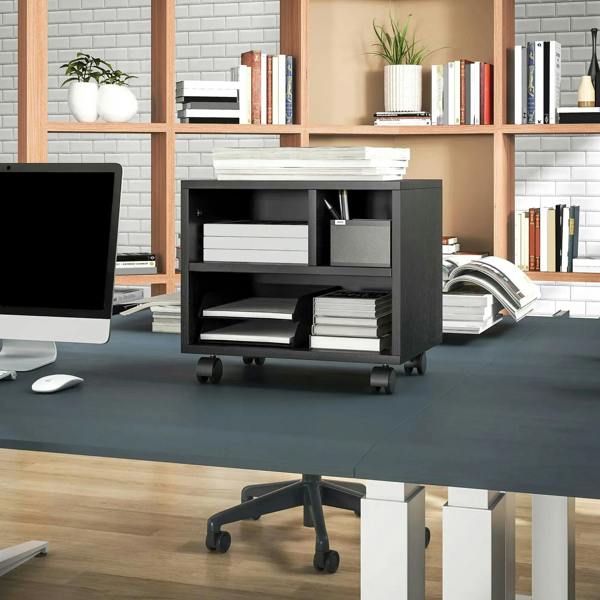 Black printer cabinet with front shelves and casters in an office setting