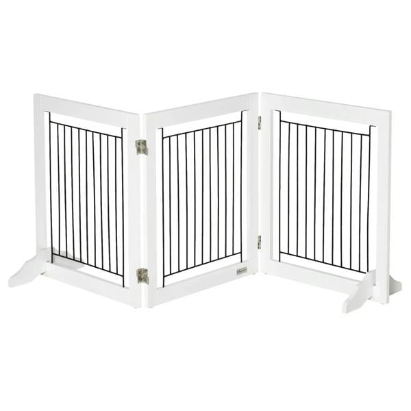 White three-panel foldable pet gate with black vertical bars and two support feet