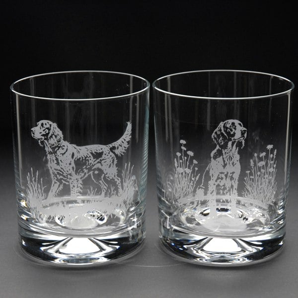 Glyptic Glass Art English Setter Dog Whiskey Tumbler Glass - Hand Etched/Engraved Gift