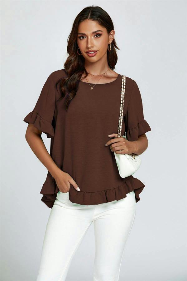 FS Collection Frill Detail Short Sleeves Top In Brown