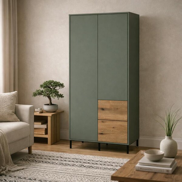 Wyld Haus Malmo Olive Green and Natural Oak Wood Wardrobe 2 Door 2 Drawer