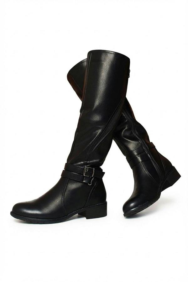 Nina Faux Leather Buckle Knee High Boots - Black_wb