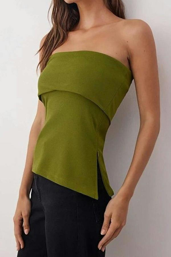 WOVCOR Strapless Neckline Side Zipper Crepe Knit Blouse