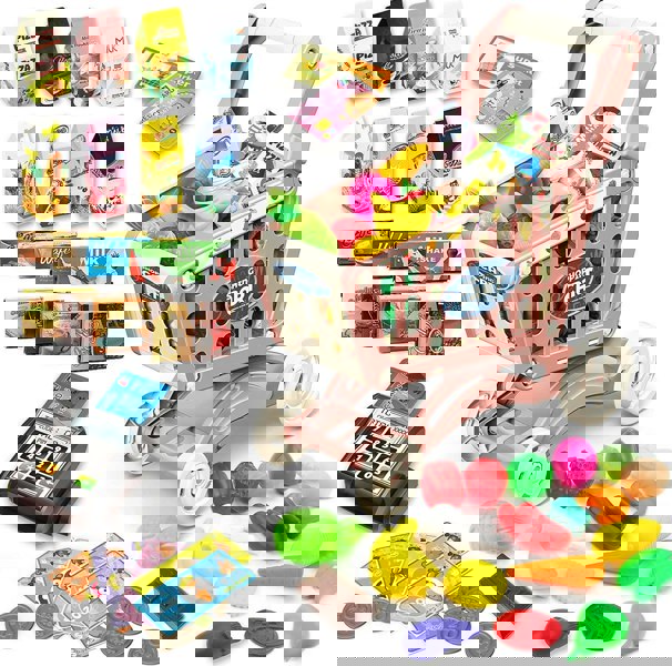 deAO Toys Kids Easy to Assemble Shopping Cart with Groceries, POS Machine, Plastic Money, Credit Cards and Shopping Cards - Red