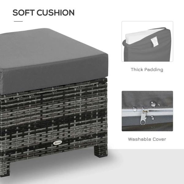 Grey padded seat cushion on square wicker ottoman with zipper and washable cover
