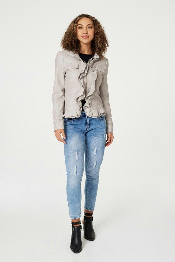 Stone | Frilled Front Faux Leather Jacket