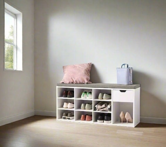 Modcraft Shoe Storage Bench with Cushion, Drawer & Open Compartments for Hallway and Bedroom
