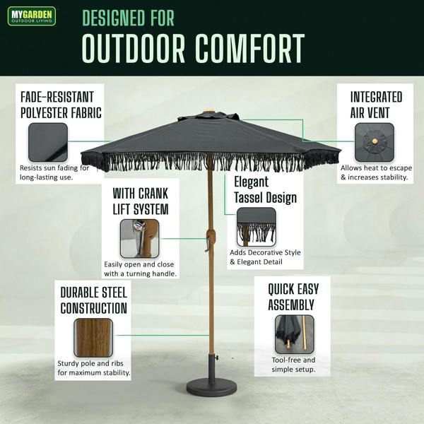 My Garden Outdoor Living Parasol Umbrella 2M - Outdoor Sun Umbrella with Tassels, Air Vent, Steel Pole & Carry Bag for Patio Umbrella Parasol