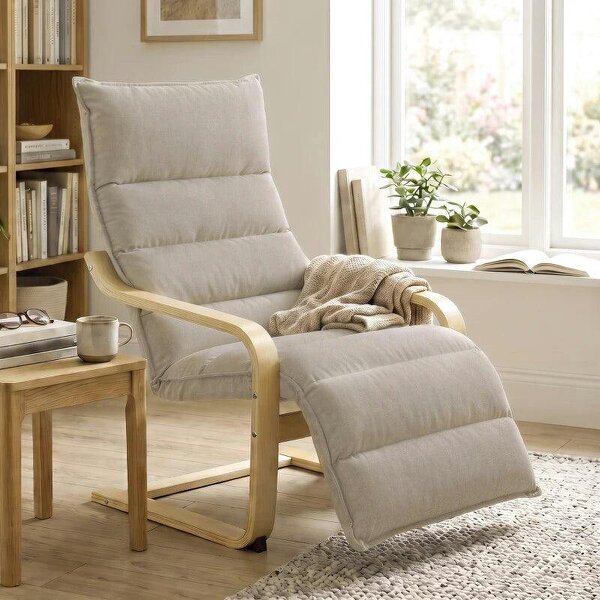 Curved Wooden Accent Chair, Armchair with Adjustable Footrest, Light Brown