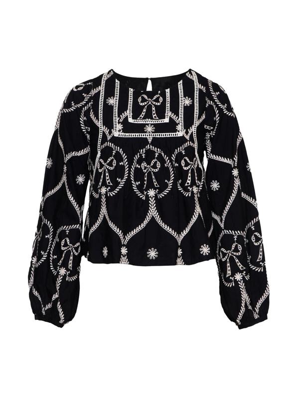 Rose & Nancy Charlie Black and ivory Bow embroidered Long Sleeve Blouse