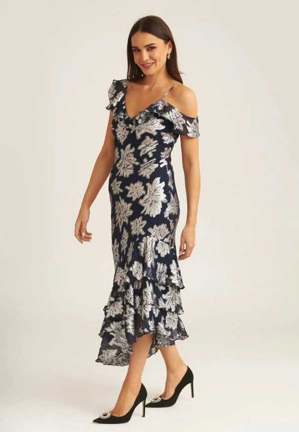 Gini London Navy Floral Clipped Tiered Ruffle Midi Dress