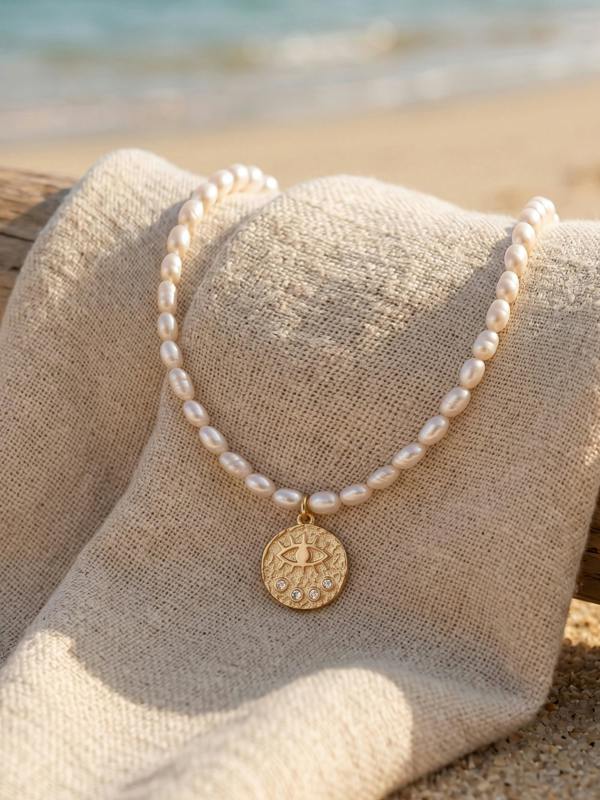 MUCHV Evil Eye Pearl Coin Necklace