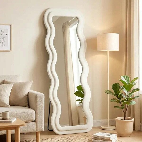 Full Length Mirror, 160 x 60 cm Wavy Full Body Wall Standing Mirror with Velvet Frame and Tempered Glass, Cream White - Cream