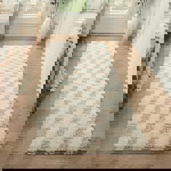 Livabliss Urban Shag-Modern Cream Beige Checkered Soft Plush Pile Rug