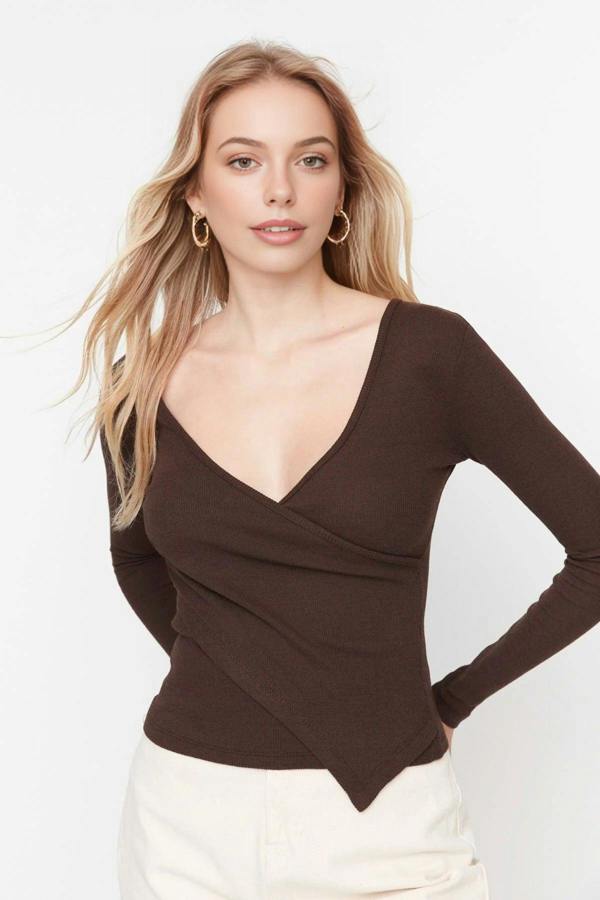 WOVCOR Double Breasted Collar Long Sleeve Ribbed Knit Blouse