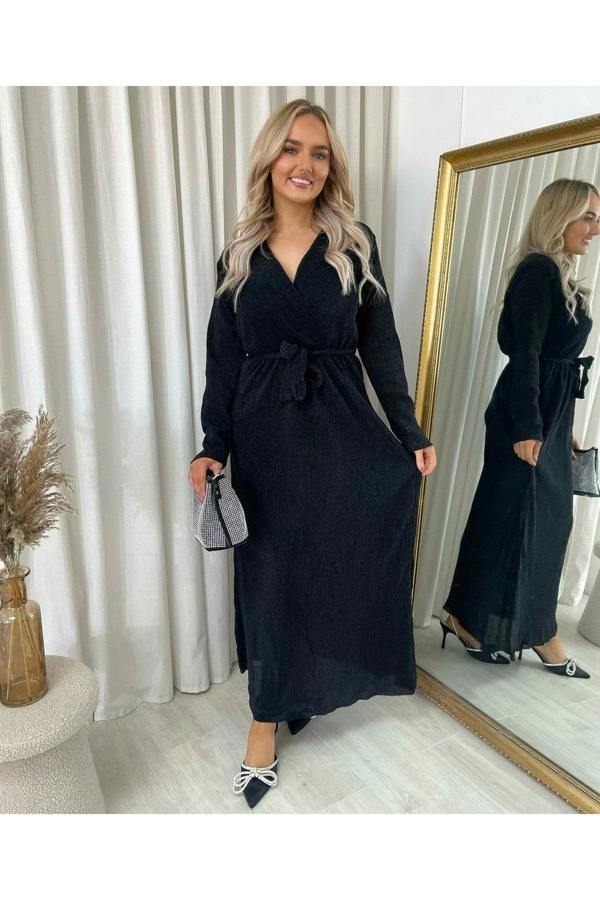 Pamela Elegant V Neck Tie Waist Glittery Maxi Dress - Black