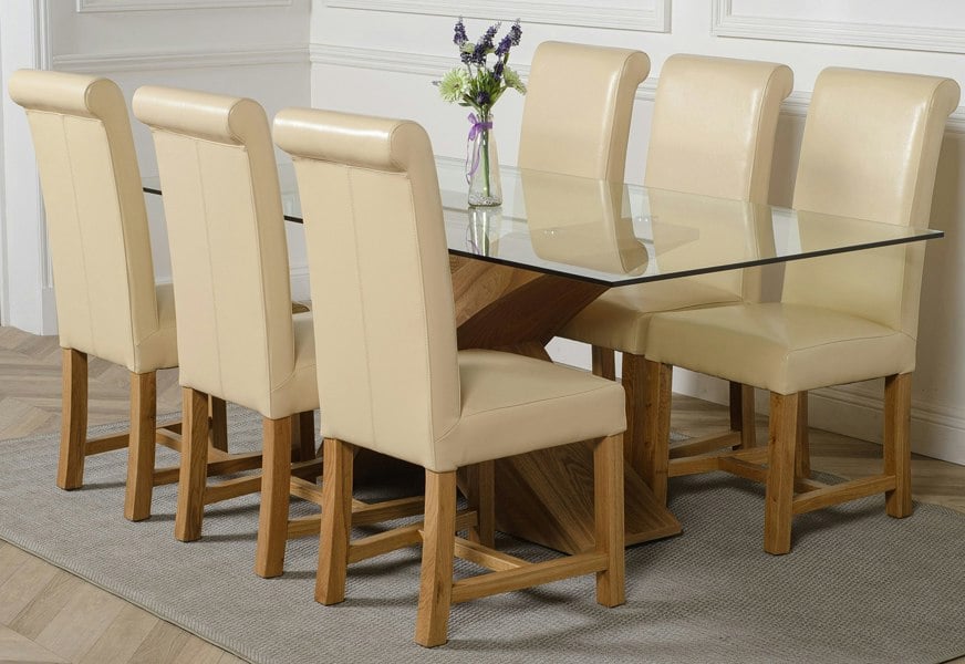 That's Furniture Valencia Oak Large Glass Dining Table & Washington Leather Chairs