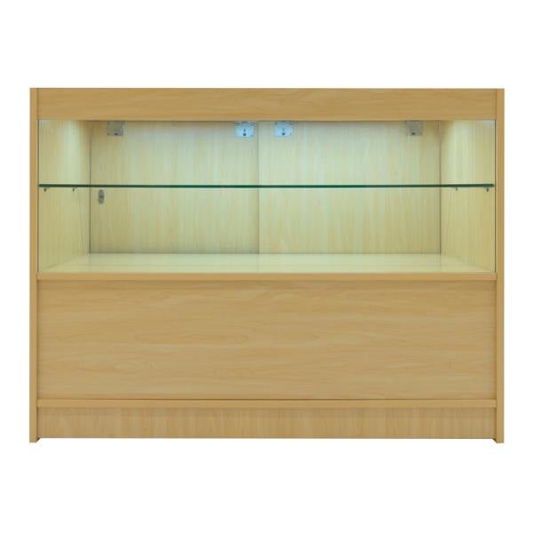 Maple LED shop counter set featuring a sleek design, glass shelves, and integrated lighting, ideal for retail displays