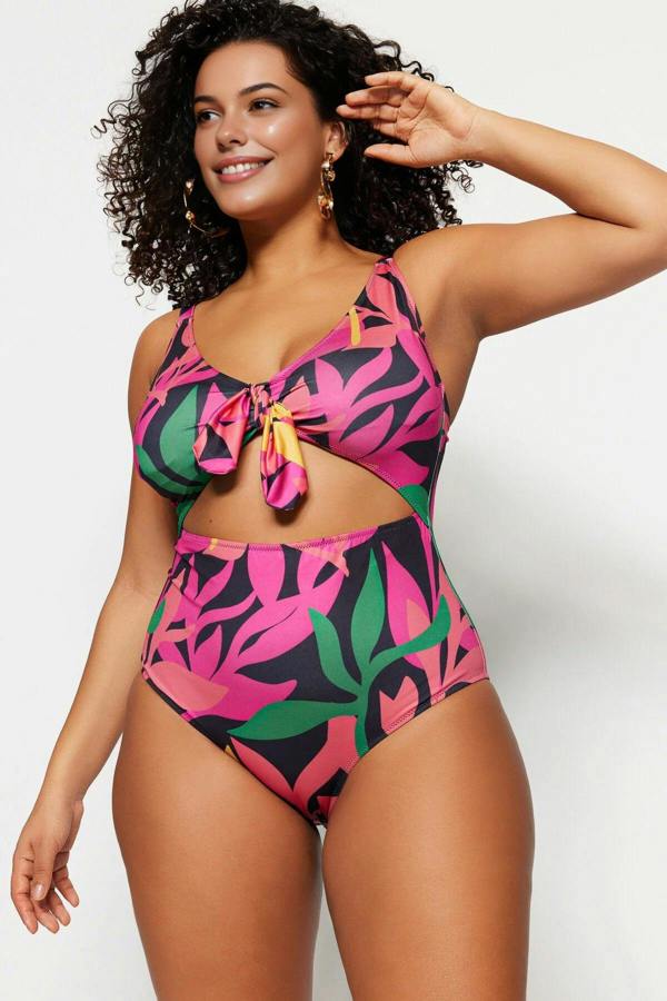 WOVCOR Deep V Cut Out Plus Size Swimsuit with Tie Detail and Floral Pattern