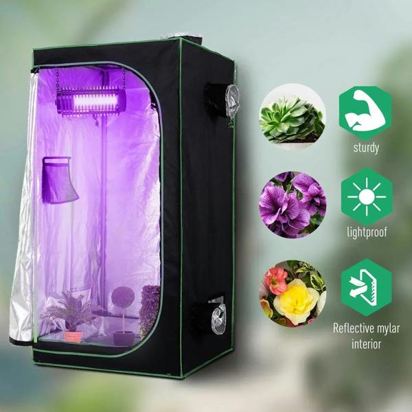 Grow tent with purple-lit grow area, reflective lining, and side ventilation window